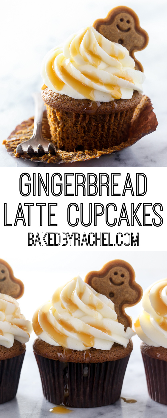Moist and fluffy homemade gingerbread latte cupcakes with silky cream cheese frosting and caramel drizzle! Recipe from @bakedbyrachel A fun and festive dessert to whip up for the holidays!