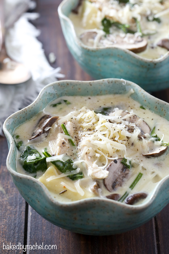 Easy and comforting slow cooker creamy white chicken lasagna soup with mushrooms and spinach recipe from @bakedbyrachel A perfect meal to warm up with all winter long!