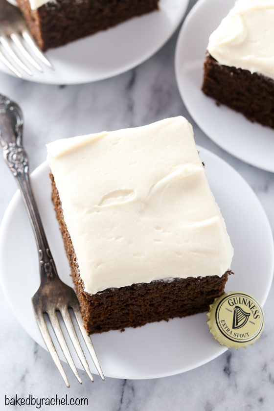 Moist and fluffy Guinness chocolate cake with silky brown sugar cream cheese frosting recipe from @bakedbyrachel A crowd pleasing dessert, perfect for St. Patrick's day or any day of the year!