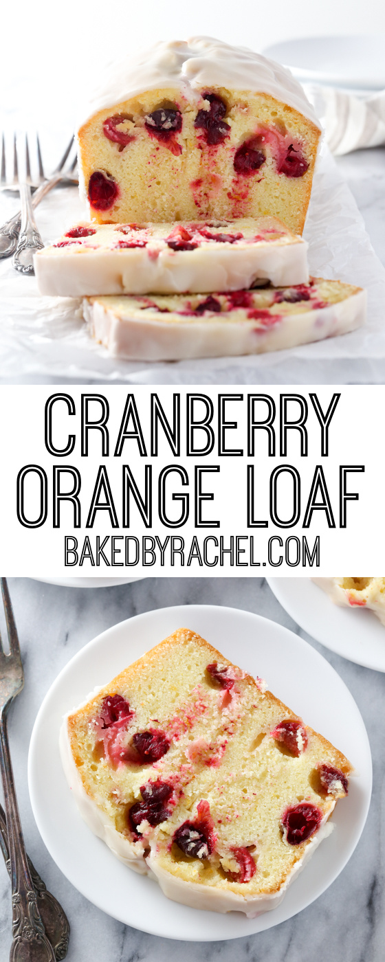 Moist homemade cranberry orange loaf cake with a sweet orange glaze recipe from @bakedbyrachel A fun addition to any breakfast, brunch or dessert!
