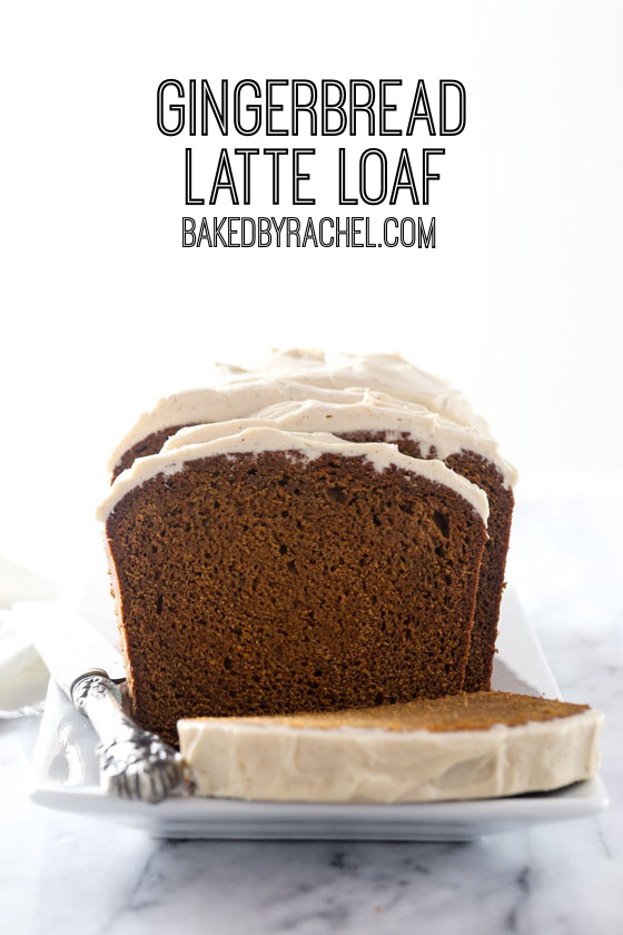 Moist homemade gingerbread loaf cake with cinnamon brown sugar cream cheese frosting recipe from @bakedbyrachel. A fun twist on a classic seasonal favorite! Enjoy this fun holiday treat for breakfast, brunch or dessert!