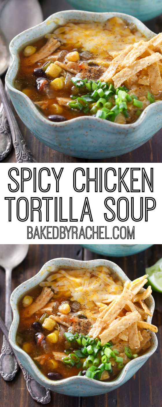 Super easy and flavorful slow cooker spicy chicken tortilla soup recipe from @bakedbyrachel. A comforting must make meal, perfect to warm up with all winter long!
