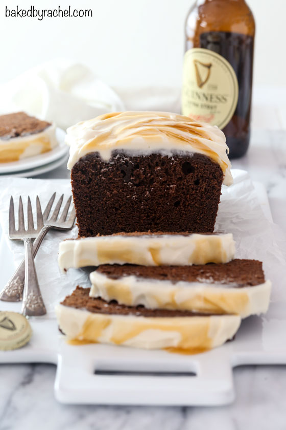 Moist homemade Guinness chocolate loaf cake with silky caramel cream cheese frosting recipe from @bakedbyrachel A fun addition to St. Patrick's day celebrations or any day of the year! Enjoy for breakfast or dessert!