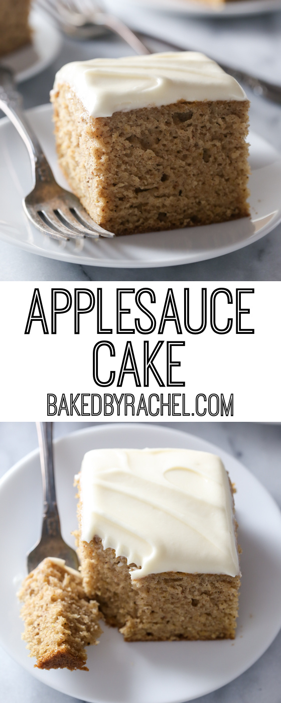 Moist and fluffy homemade cinnamon applesauce cake with silky caramel cream cheese frosting recipe from @bakedbyrachel A perfect dessert for any Fall occasion!