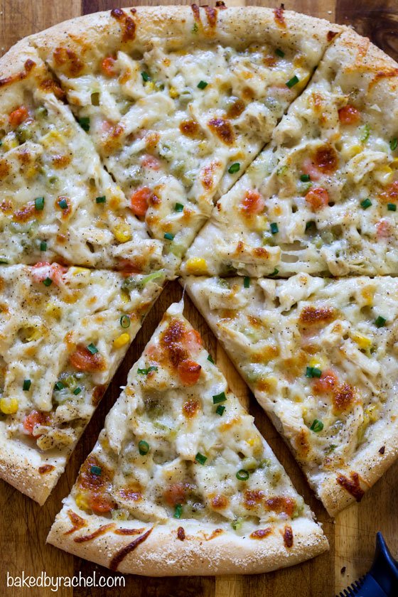 Easy homemade three cheese thin crust leftover Thanksgiving turkey pot pie pizza recipe from @bakedbyrachel A fun twist for holiday leftovers!