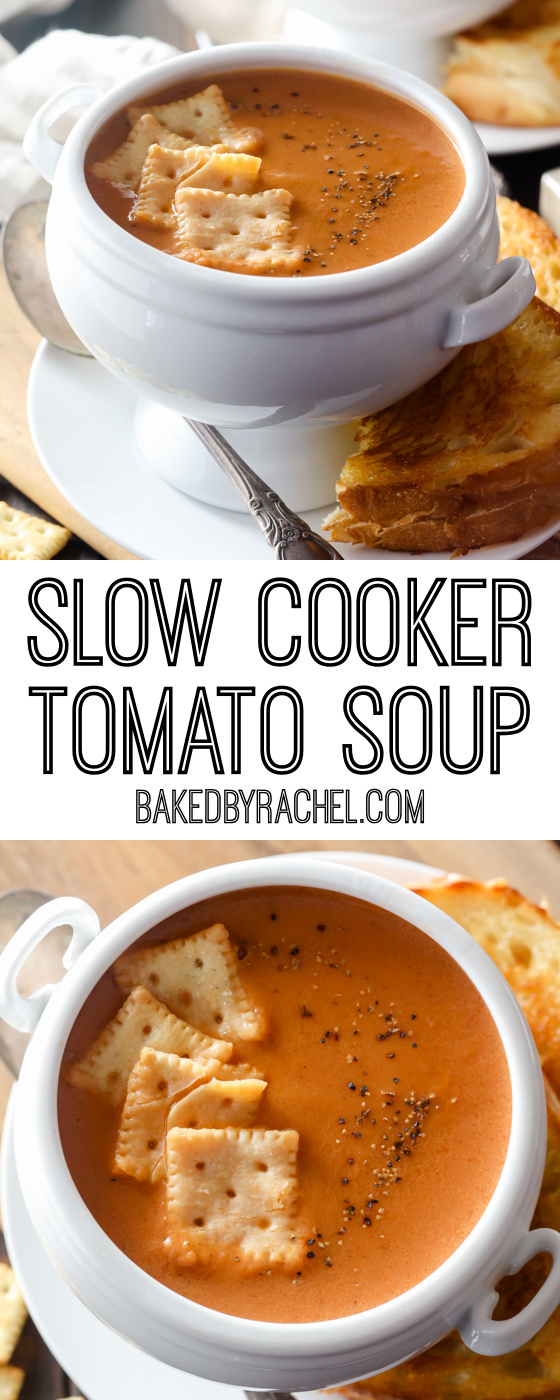 Super easy homemade creamy slow cooker tomato soup recipe from @bakedbyrachel This classic cold weather comfort food is a perfect meal to warm up with all winter long. This easy recipe is a perfect meal for any night of the week!