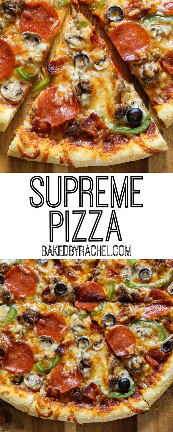 Easy homemade thin crust three cheese supreme pizza recipe from @bakedbyrachel This flavor packed pizza is topped off with a variety of classic pizza topping vegetables and meat, from bacon to peppers, mushrooms and more! A perfect addition to any pizza night or game day menu!