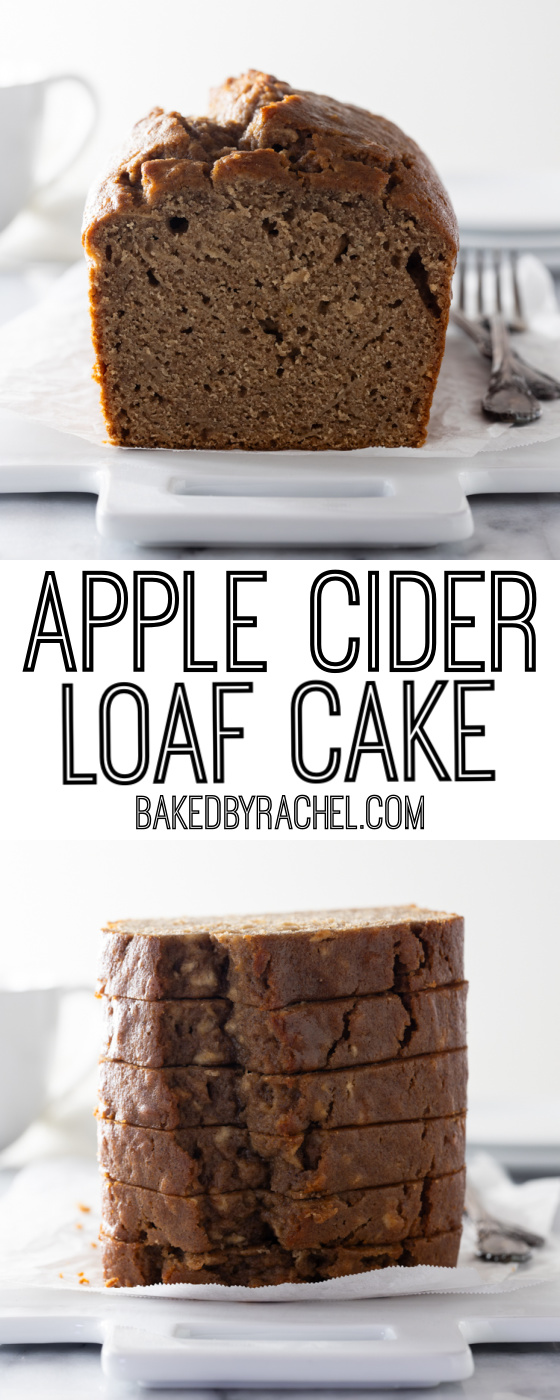 Moist homemade apple cider loaf cake recipe from @bakedbyrachel A perfect addition to your Fall baking. Enjoy for breakfast, snack or dessert!