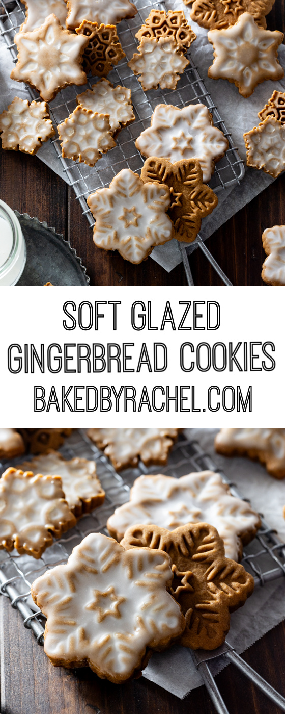 Classic soft and chewy spiced gingerbread cookies with a sweet glaze. Recipe from @bakedbyrachel A perfect treat to make during the holidays and a fun addition to any cookie tin!