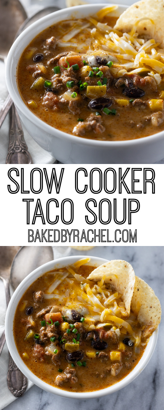 Super easy and comforting slow cooker cheesy taco soup recipe from @bakedbyrachel Enjoy all of your favorite taco flavors in this hearty soup. It's a flavor packed meal, perfect to warm up with all winter long!